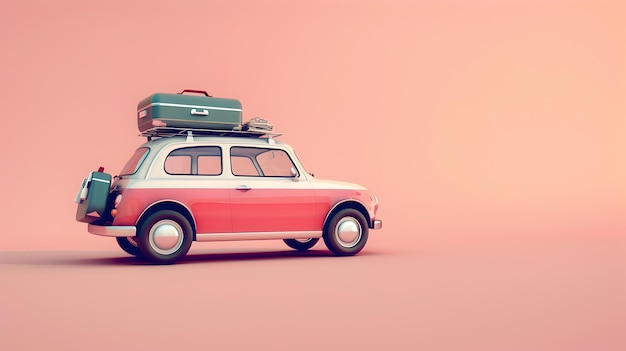 Adorable 3D Car with Luggage on Pastel Road Trip Background