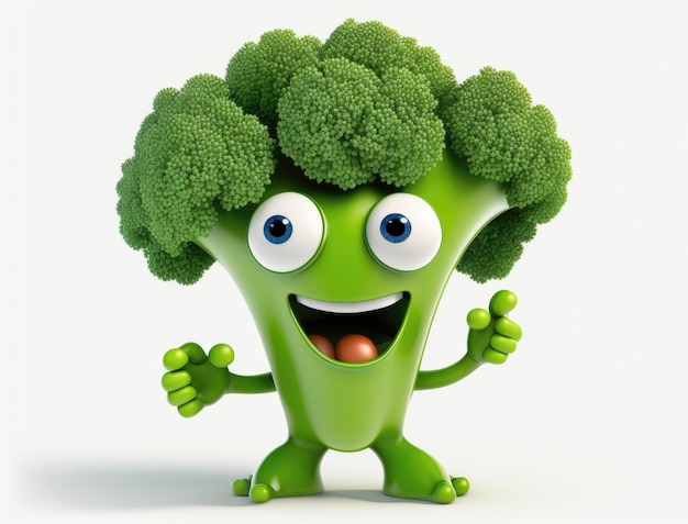 Adorable 3D Cartoon Broccoli Character on White Background