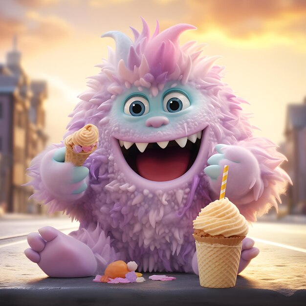 Adorable 3D cartoon pastel ice cream monster pastel colors with marshmallow fur