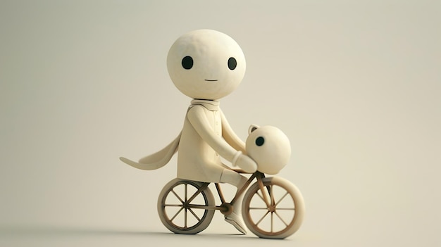 Adorable 3D Clay Character Riding Bicycle on White Background