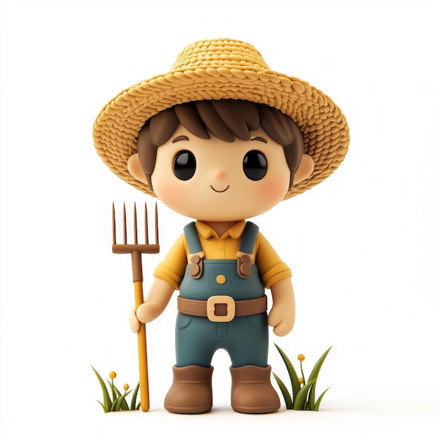 Adorable 3D clay Farmer with a pitchfork straw hat full body