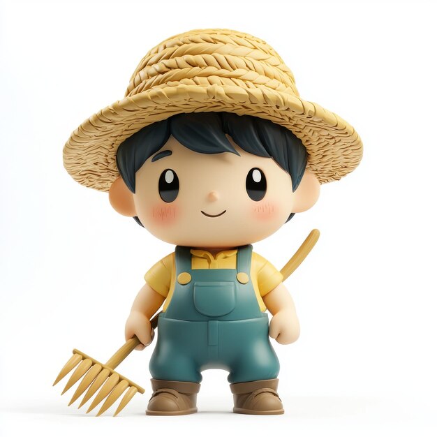 Adorable 3D clay Farmer with a pitchfork straw hat full body