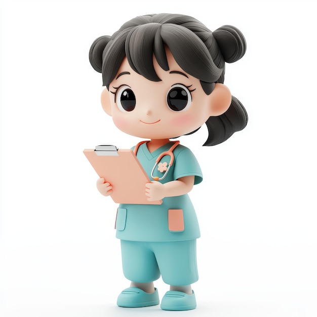 Adorable 3D clay Nurse with a clipboard wearing scrubs full body