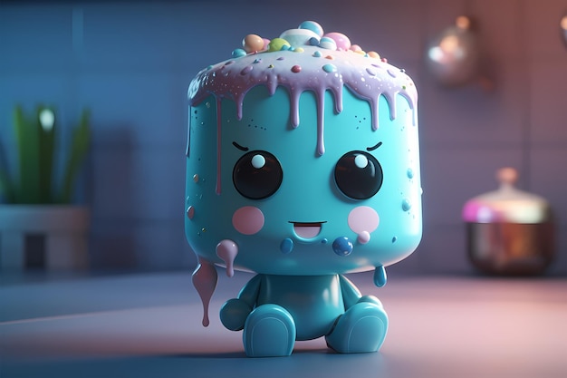 An adorable 3D ice cream character with big eyes and a sweet smile