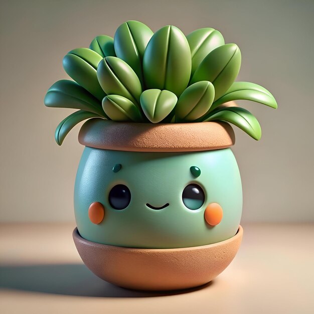 Photo adorable 3d illustration of a potted plant with a cute smiling face