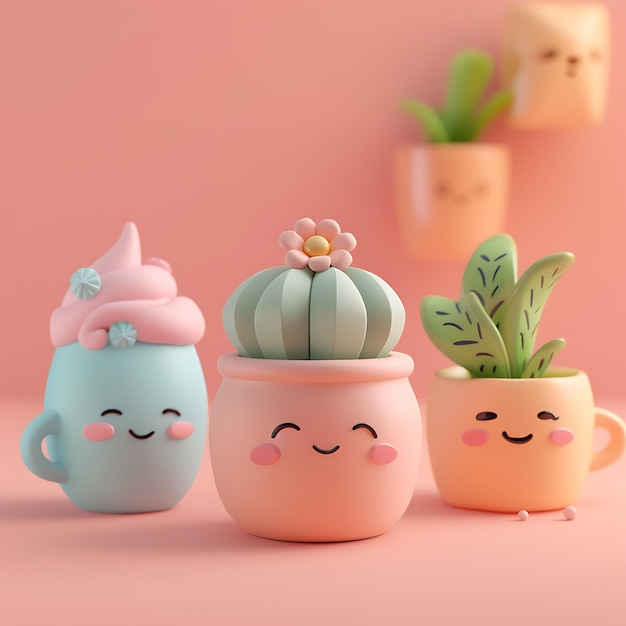 Photo adorable 3d illustration of smiling potted plants and cup characters