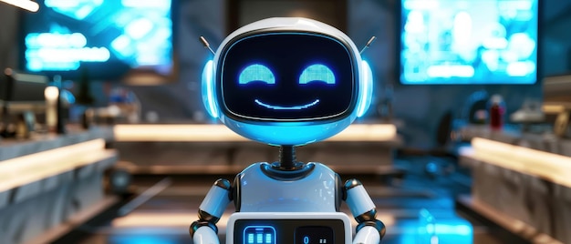 Adorable 3D robot as a receptionist greeting visitors with a bright screen smile and helpful information