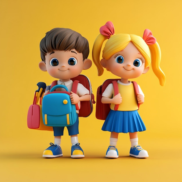 Adorable 3D School Kids in Bright Uniforms Ready to Learn with Cheerful Smiles