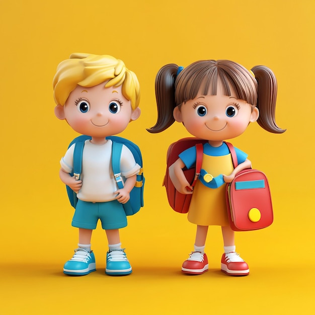 Adorable 3D School Kids in Bright Uniforms Ready to Learn with Cheerful Smiles