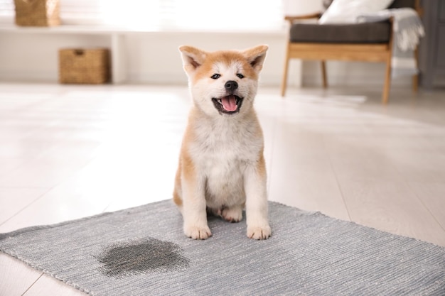 Adorable akita inu puppy near puddle on rug at home