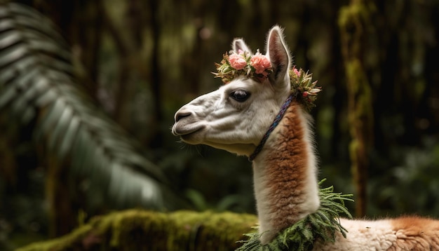 Adorable alpaca poses for perfect farm portrait generated by AI