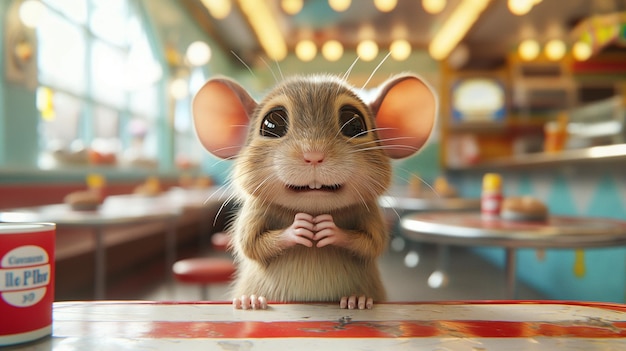 Adorable Animated Mouse in Diner Setting Generative AI