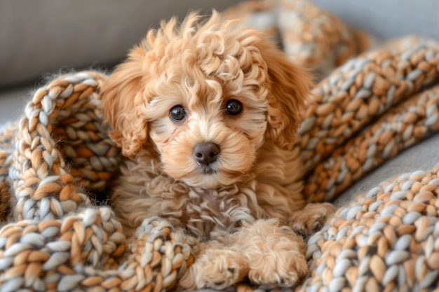 Adorable Apricot Miniature Poodle Puppy Resting on a Cozy Knitted Blanket Indoors