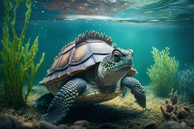 An adorable armored turtle swimming underwater ai generated