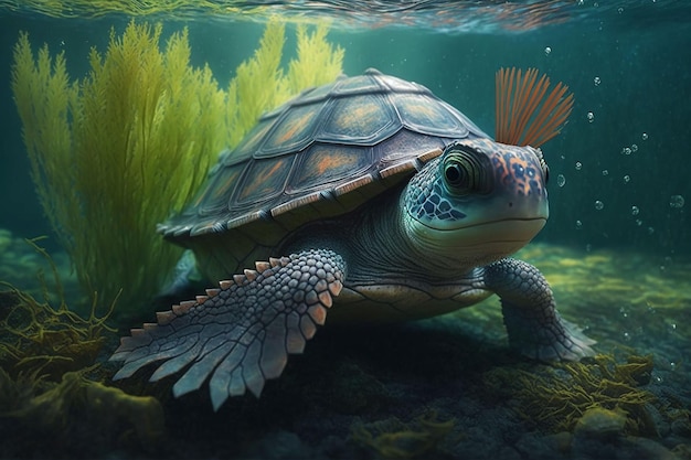 An adorable armored turtle swimming underwater ai generated