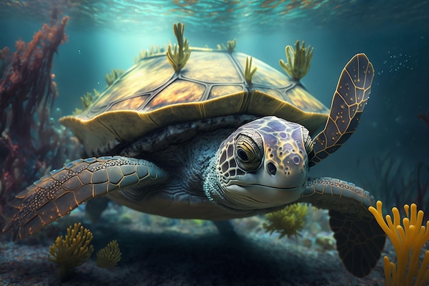 An adorable armored turtle swimming underwater ai generated