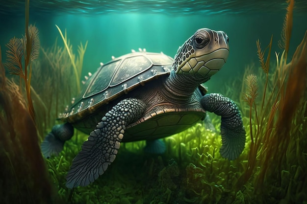 An adorable armored turtle swimming underwater ai generated