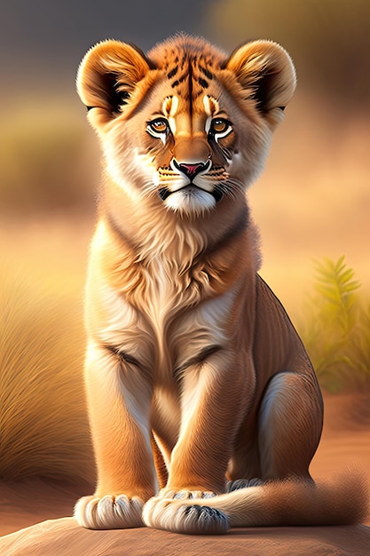 Adorable baby African lion cub on an savannah Digital artwork