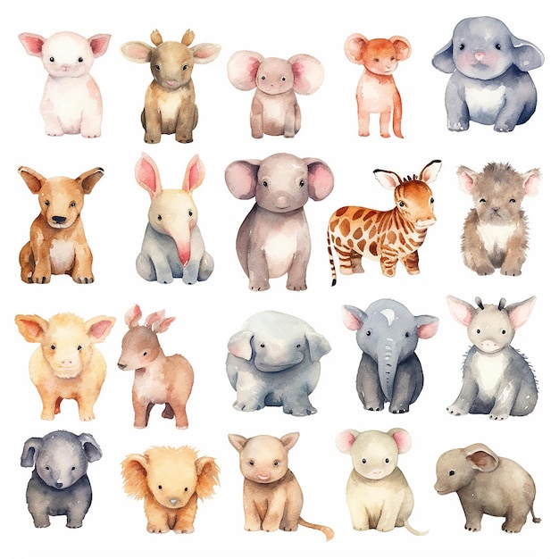 Photo adorable baby animals on watercolor illustration