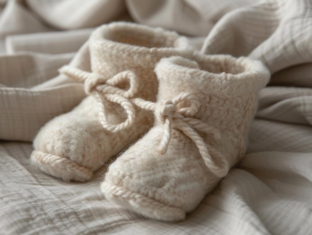 Photo adorable baby booties on soft bedding generative ai