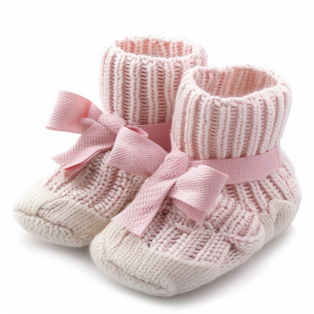 Photo adorable baby booties in soft pink with a bow isolated on white background