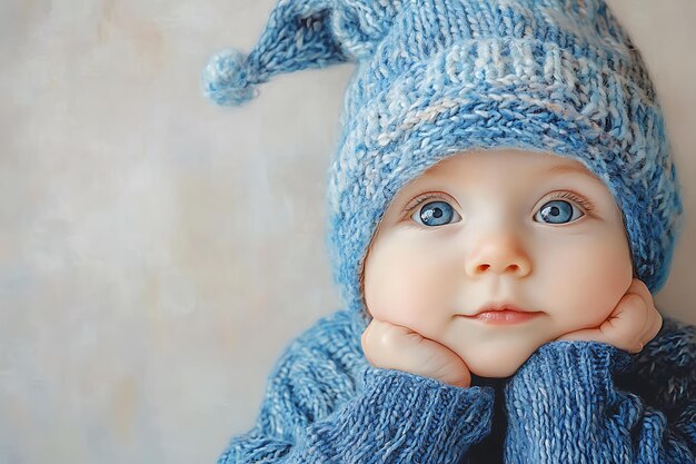 Photo adorable baby boy in blue knitted hat and sweater looking at camera