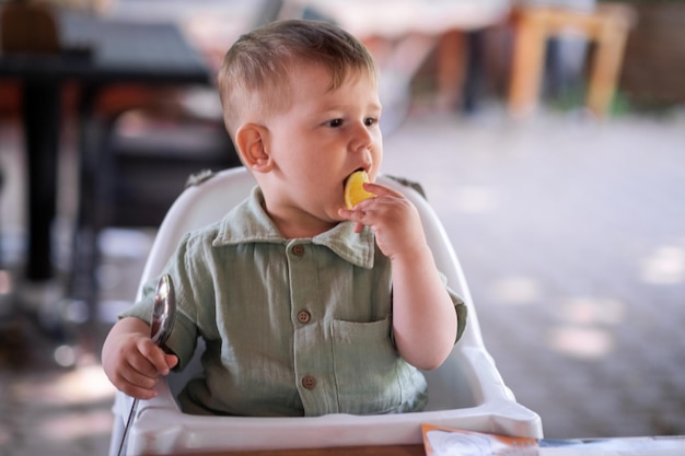 Adorable baby boy licking lemon fruit piece sitting in high chair and holding spoon at dinner