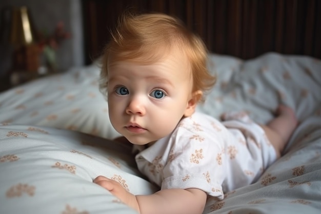 An adorable baby boy lying on a bed created with generative ai