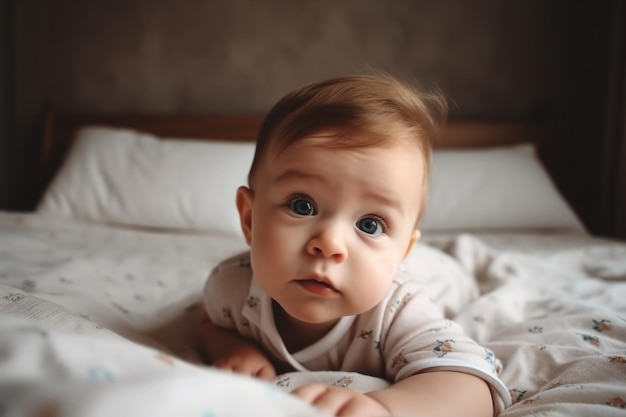 An adorable baby boy lying on a bed