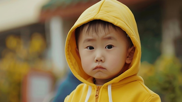 Adorable Baby Boy Posing in Yellow Hoodie CameraReady