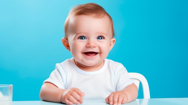 adorable baby boy sitting on the blue table