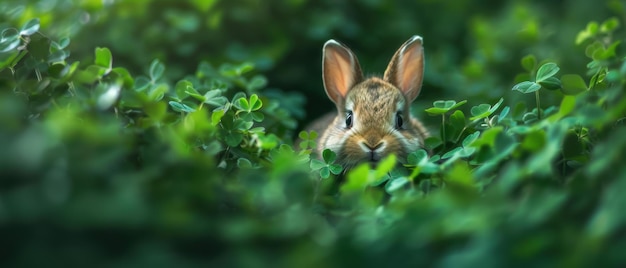 Photo adorable baby bunny concealed in lush patch of clover