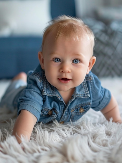 Adorable Baby Crawling on Soft Rug Cute Infant Portrait