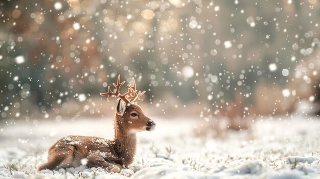 Adorable baby deer resting on snowy ground with a blurred forest background Concept of winter wildlife nature beauty serene landscape calmness Copy space