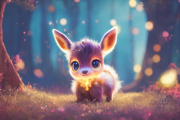 Adorable baby deer with a bright glow against light bokeh background Christmas background concept