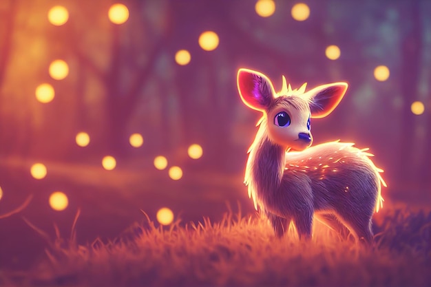 Adorable baby deer with a bright glow against light bokeh background Christmas background concept