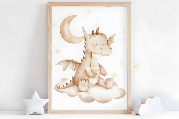 Adorable Baby Dragon Resting on Cloud Amid Night Sky with Moon and Stars