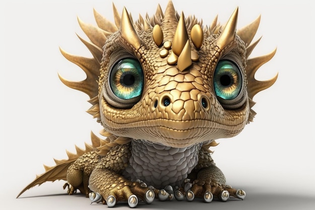 Adorable Baby Dragon with Golden Scales and Big Eyes in Dramatic Point of View