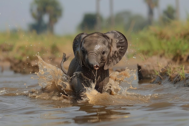 Photo adorable baby elephant splashing playfully in a watering hole