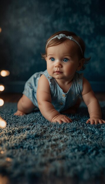 Photo adorable baby girl crawling on soft blue rug with whimsical lighting generative ai