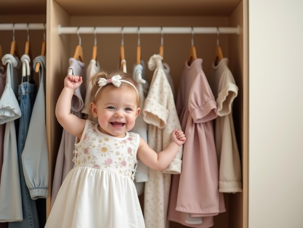 Photo adorable baby girl joyfully selects a dress from her colorful wardrobe full of toddler fashion