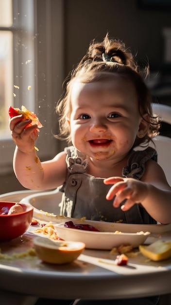 Adorable baby girl playing with food