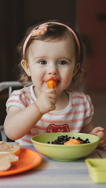 Adorable baby girl playing with food