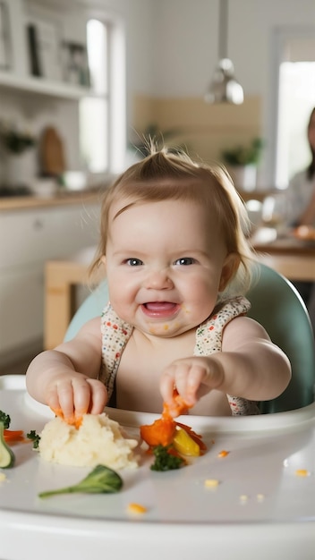 Adorable baby girl playing with food