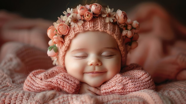 Adorable Baby Girl in Rosy Outfit with Blossom in Her Locks Resting and Grinning Joyfully