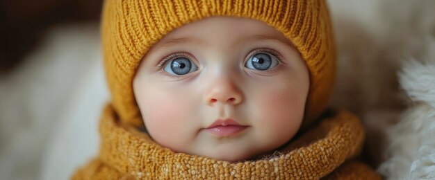 Adorable Baby Girl with Big Blue Eyes Wearing a Yellow Knit Hat and Scarf