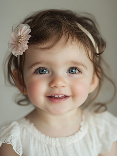 Photo adorable baby girl with flower headband and bright smile