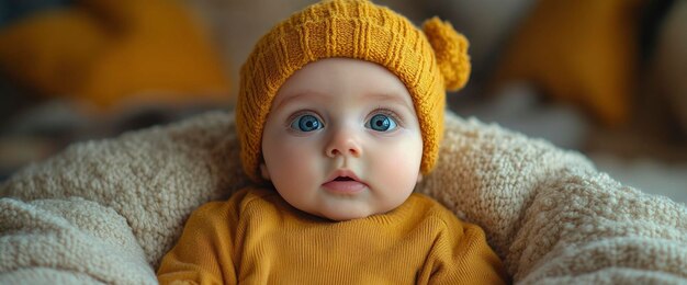 Adorable Baby Girl in Yellow Knit Hat