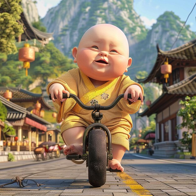 Adorable Baby Monk Cycling Adventure