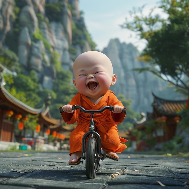 Adorable Baby Monk Cycling Adventure